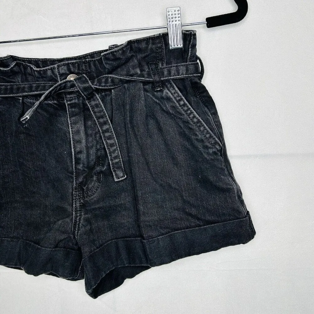 Hollister High-Rise Mom 3" Shorts Womens Sz 5 / 27 Black Denim Belted Cuffed - Image 2