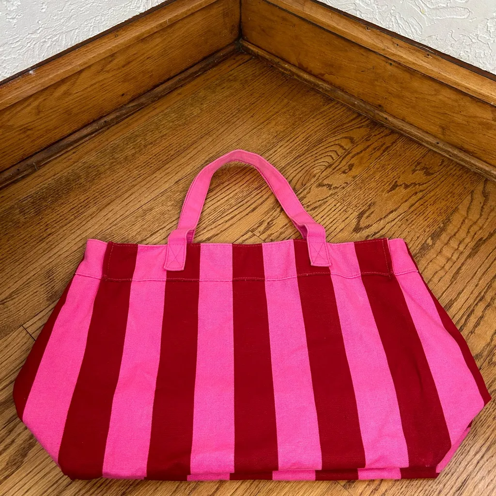 VICTORIA’S SECRET Bold Striped Red And Pink Canvas Gold Graphic Tote Bag - Image 2
