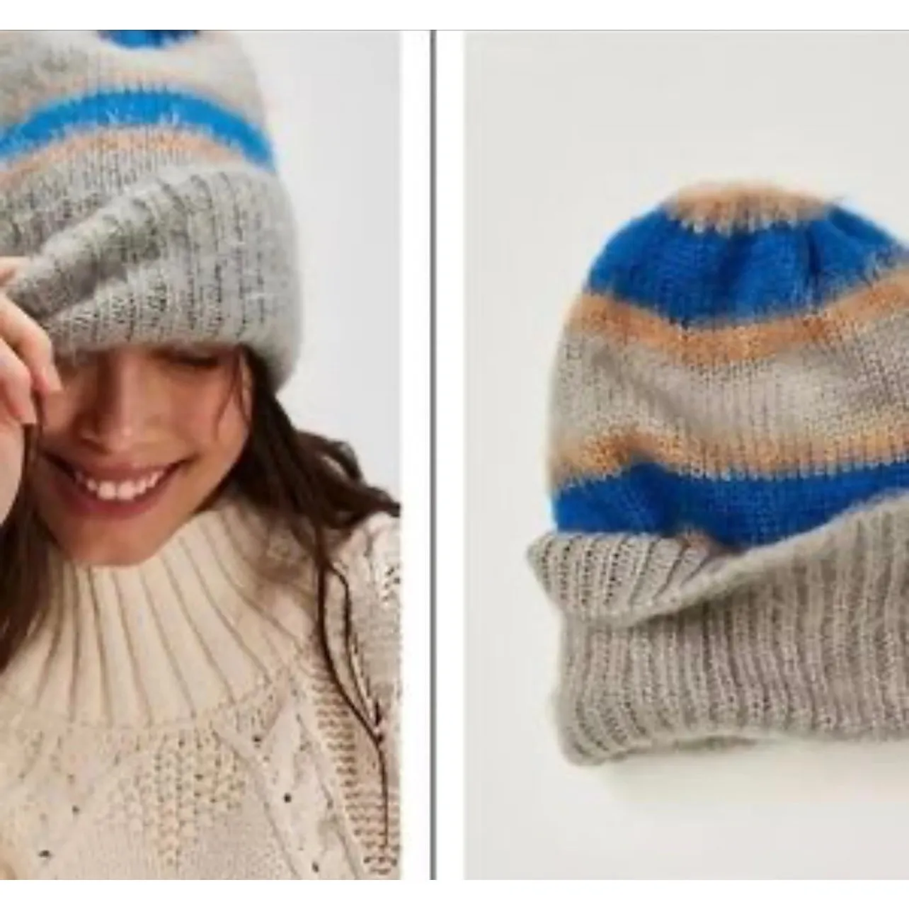 NWT FREE PEOPLE Women’s Fuzzy Blue and Gray Striped Beanie - Image 2