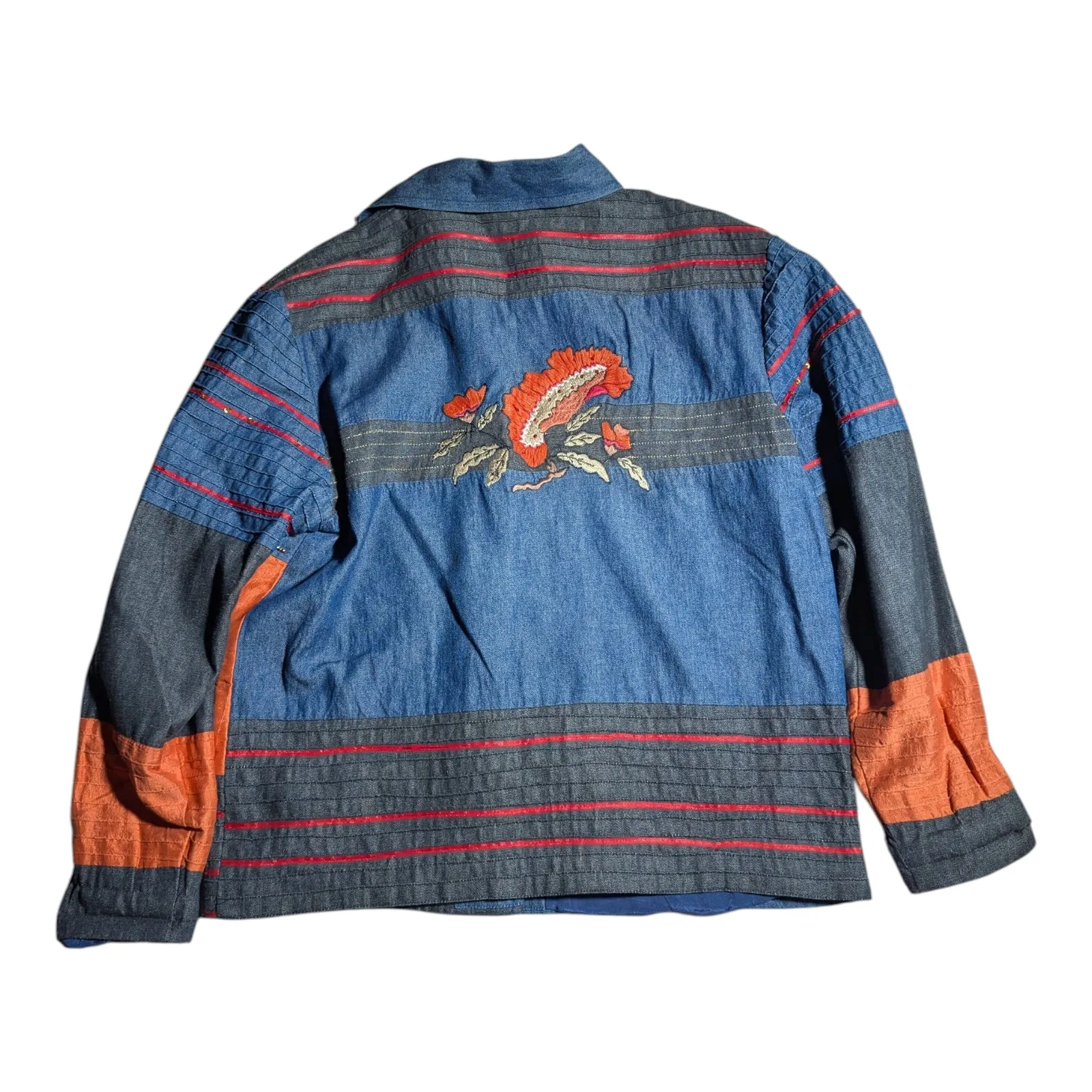 Vtg 1990s Coldwater Creek Blue Denim Orange Silk Floral Patchwork Jacket Sz S - Image 2