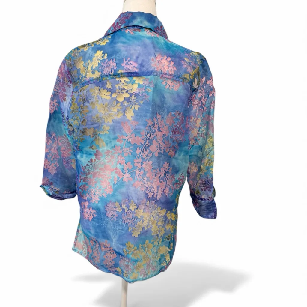 Erin London Floral Blouse women’s size Medium Sheer Multicolored Print Blue - Image 3