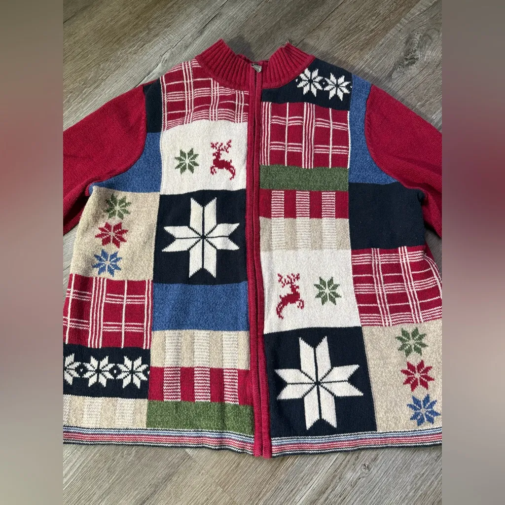 Vtg Nordic Snowflake Patchwork Knit Multi Color Sweater Cardigan Christmas 2X Red - Image 3