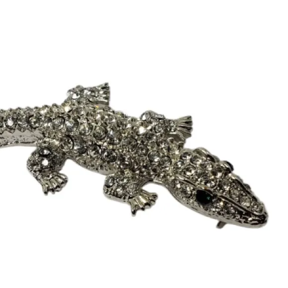 Silver Rhinestone Alligator Brooch Green eyes - Image 8