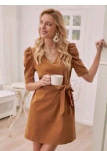 SHEIN V-neck Puff Sleeve Belted Tan/ Brown Mini Dress - Image 2