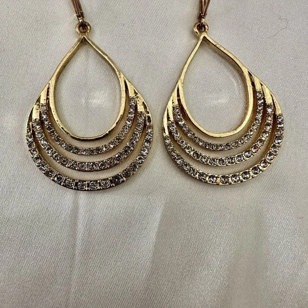 Gold tone rhinestone teardrop drop earrings - Image 2