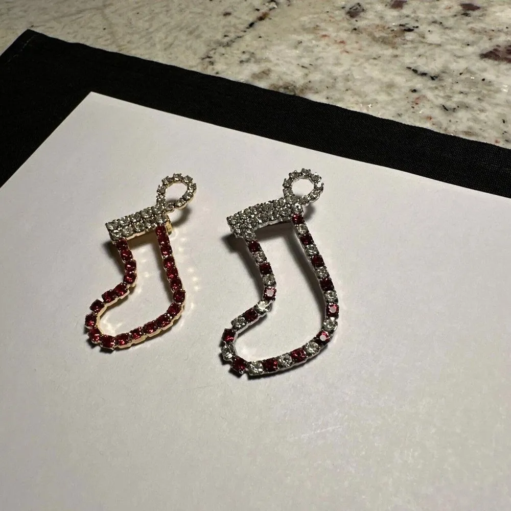 Rhinestone Holiday Christmas Stocking Brooch Pins Lot Of 2 Red - Image 3