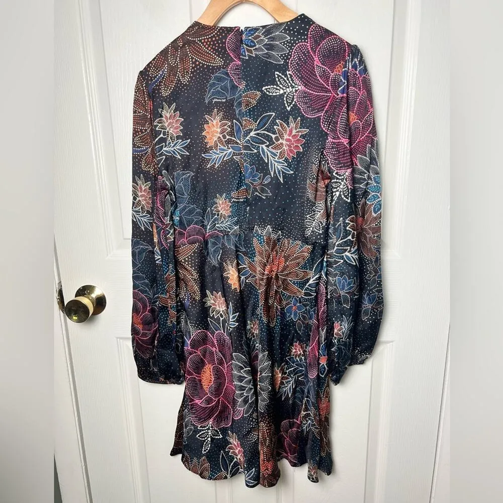 Farm Rio Floral Long Sleeve Fringe Cut Out Black Sparkle Flowers Mini Dress S - Image 7