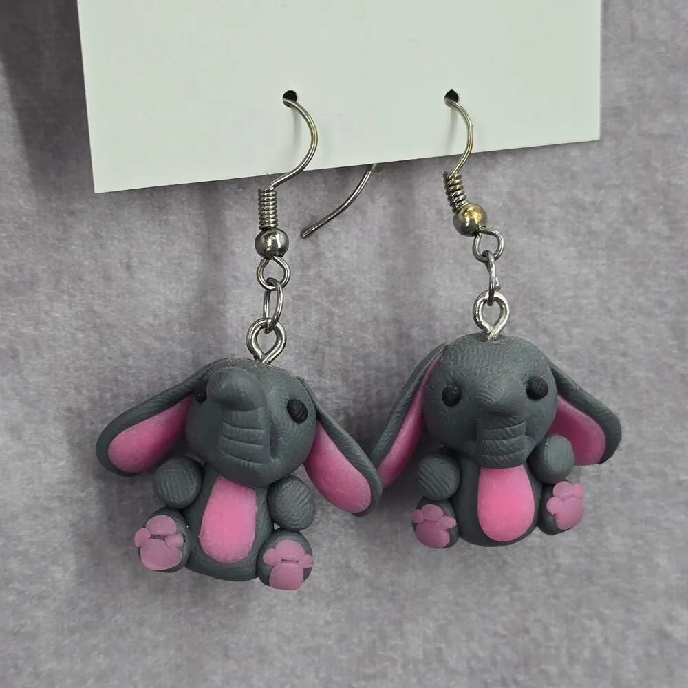 Gray Elephant Floppy Ears Dangle Hook Earrings Boho Fashion Jewelry - Image 3