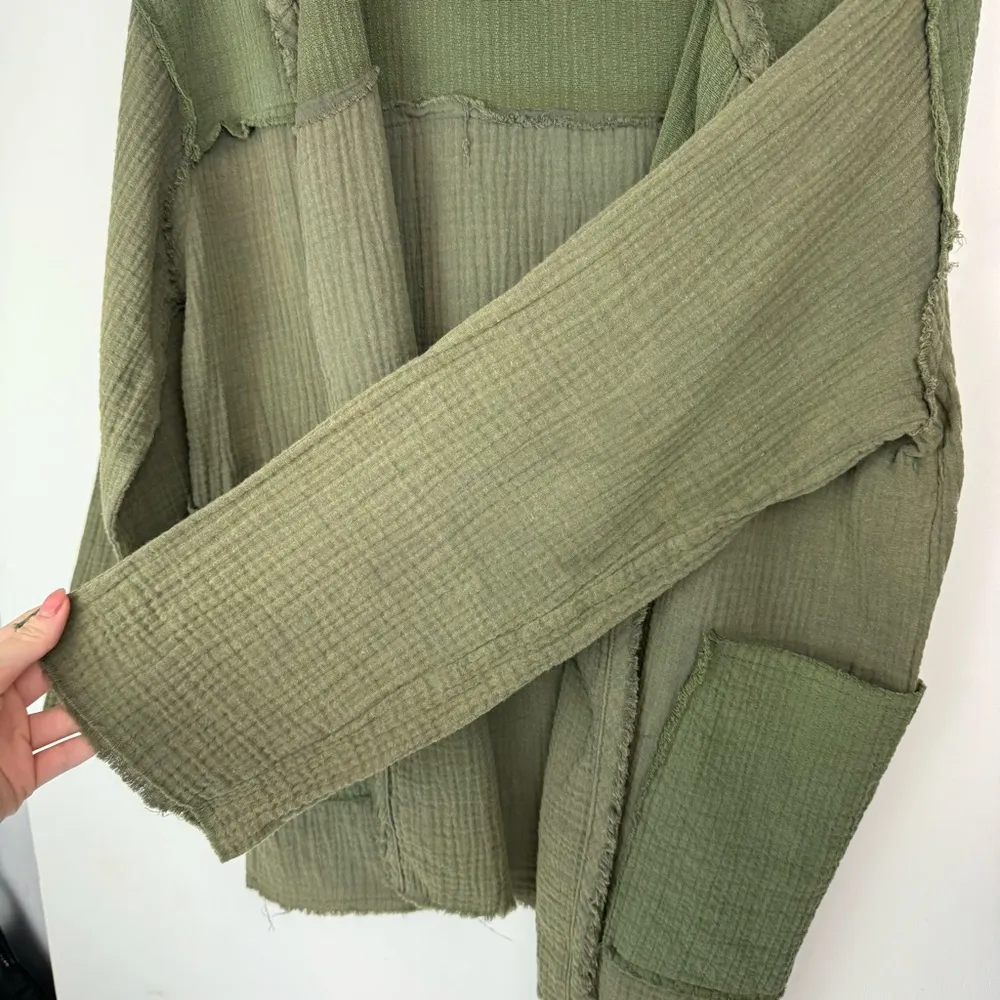 POL Cotton Gauze Open Front Cardigan Jacket Sz Small Olive Army Green Patchwork - Image 12