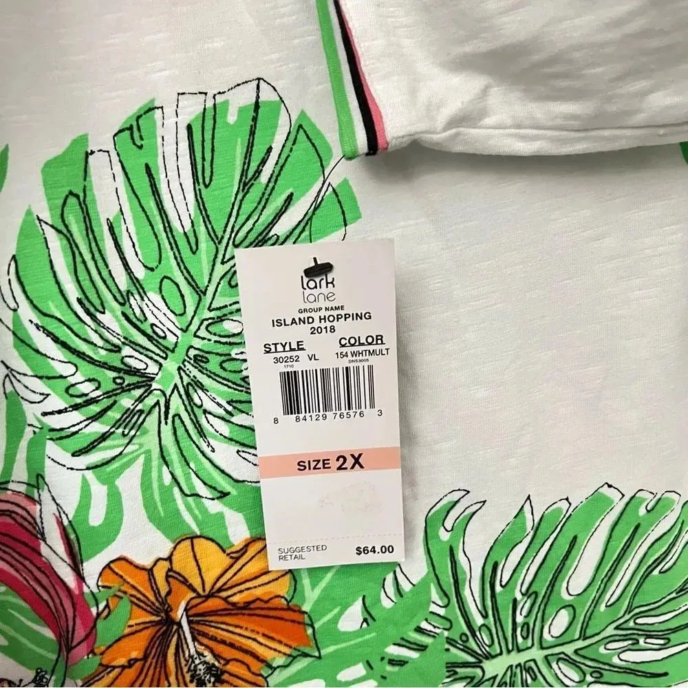 Lark Lane Woman 2X Hawaiian Floral Blouse Top 3/4 Sleeve Cotton Blend Toucan White - Image 4