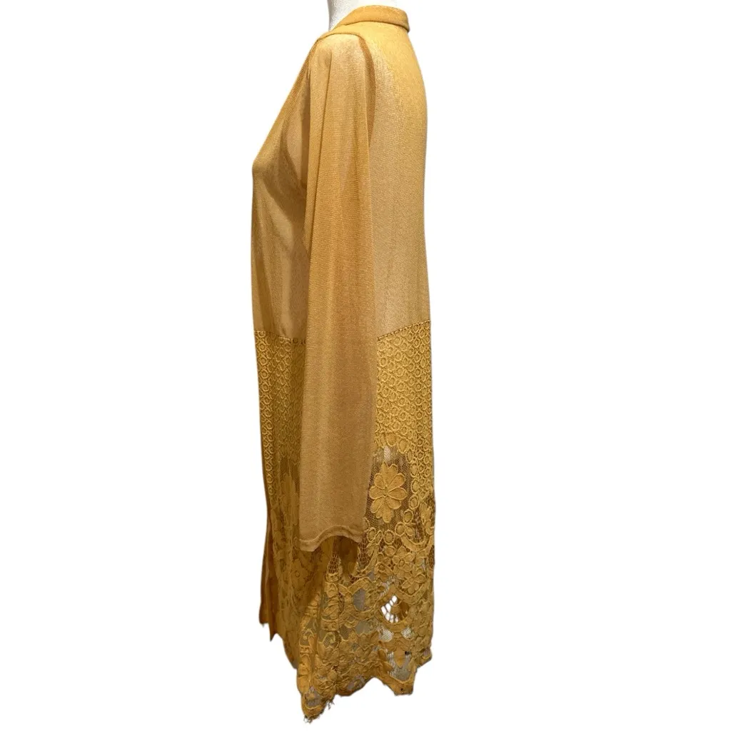 EMBER MESH LACE KIMONO MUSTARD YELLOW FLORAL EYELASH FRINGE DUSTER Gold Size L - Image 3