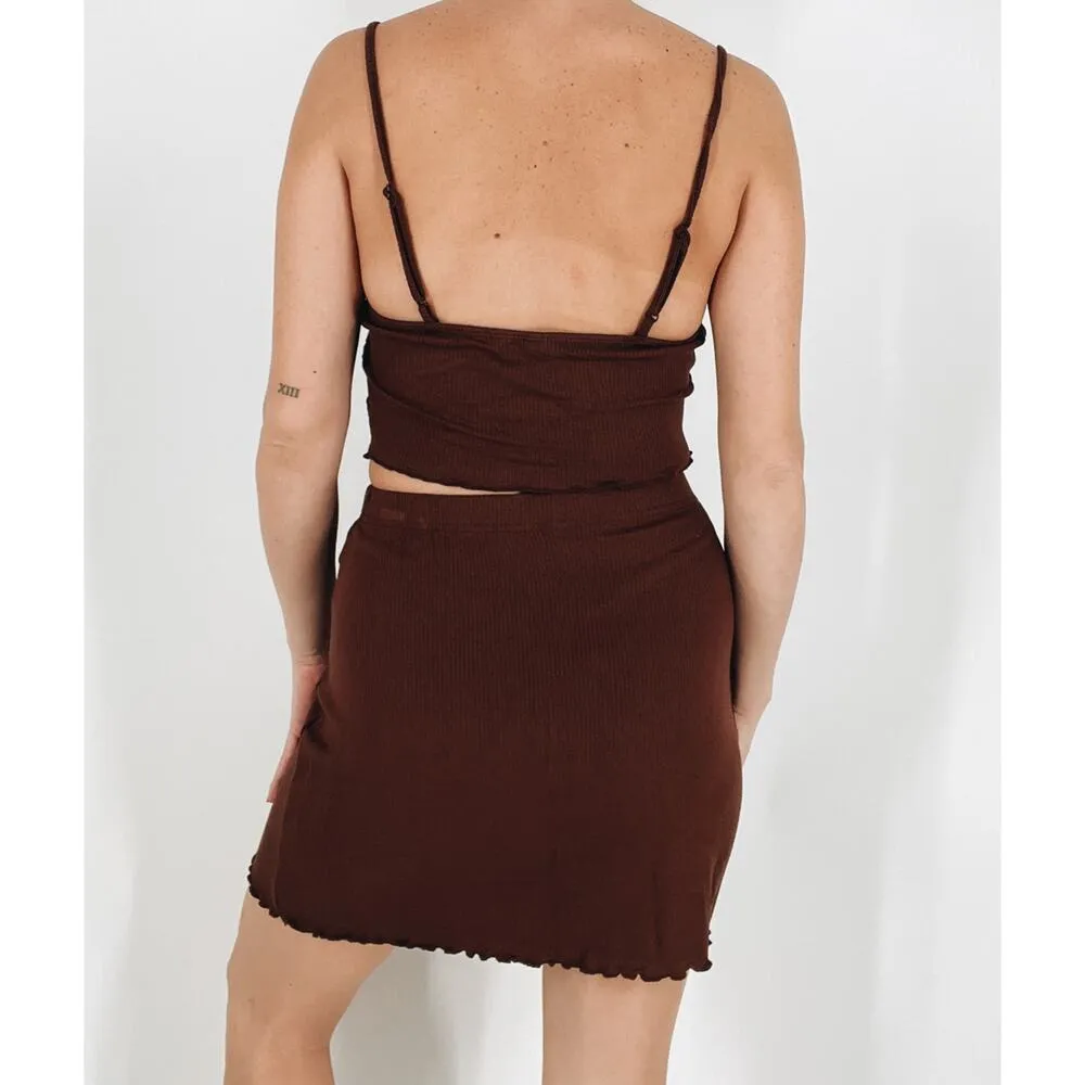 Women's Lace Detail Rib Knit Brown Bodycon Skirt Set Size Medium - Image 2