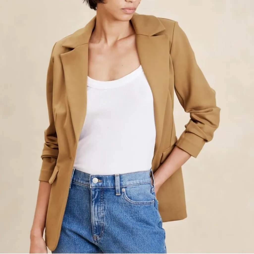 Banana Republic Long & Lean Ponte One Button Blazer Jacket Saddle Brown Medium P - Image 2