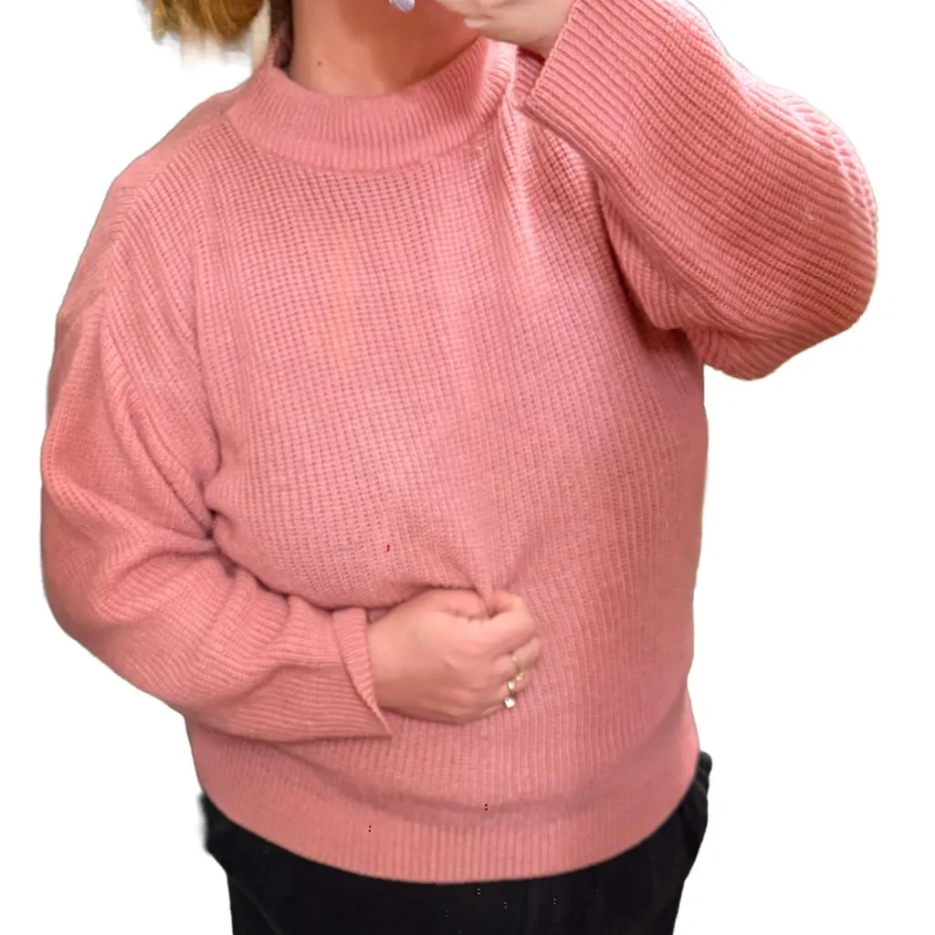 Society Coral Pink Chunky Knit Cropped Sweater Mock Neck Oversized Y2K L/XL - Image 9