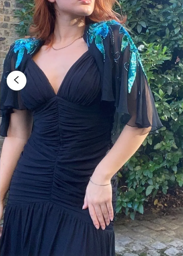 1980s Casadei Black Ruched Turquoise Sequined Gatsby Deco Flapper Dress Cape 12‎ - Image 2