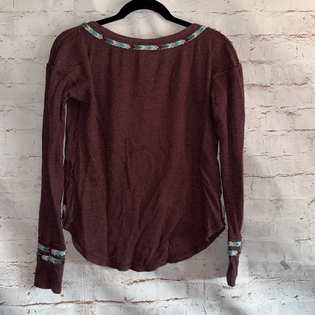 We The Free Maroon Embroidered Rainbow Thermal Henley Top Long Sleeve Plum XS - Image 5
