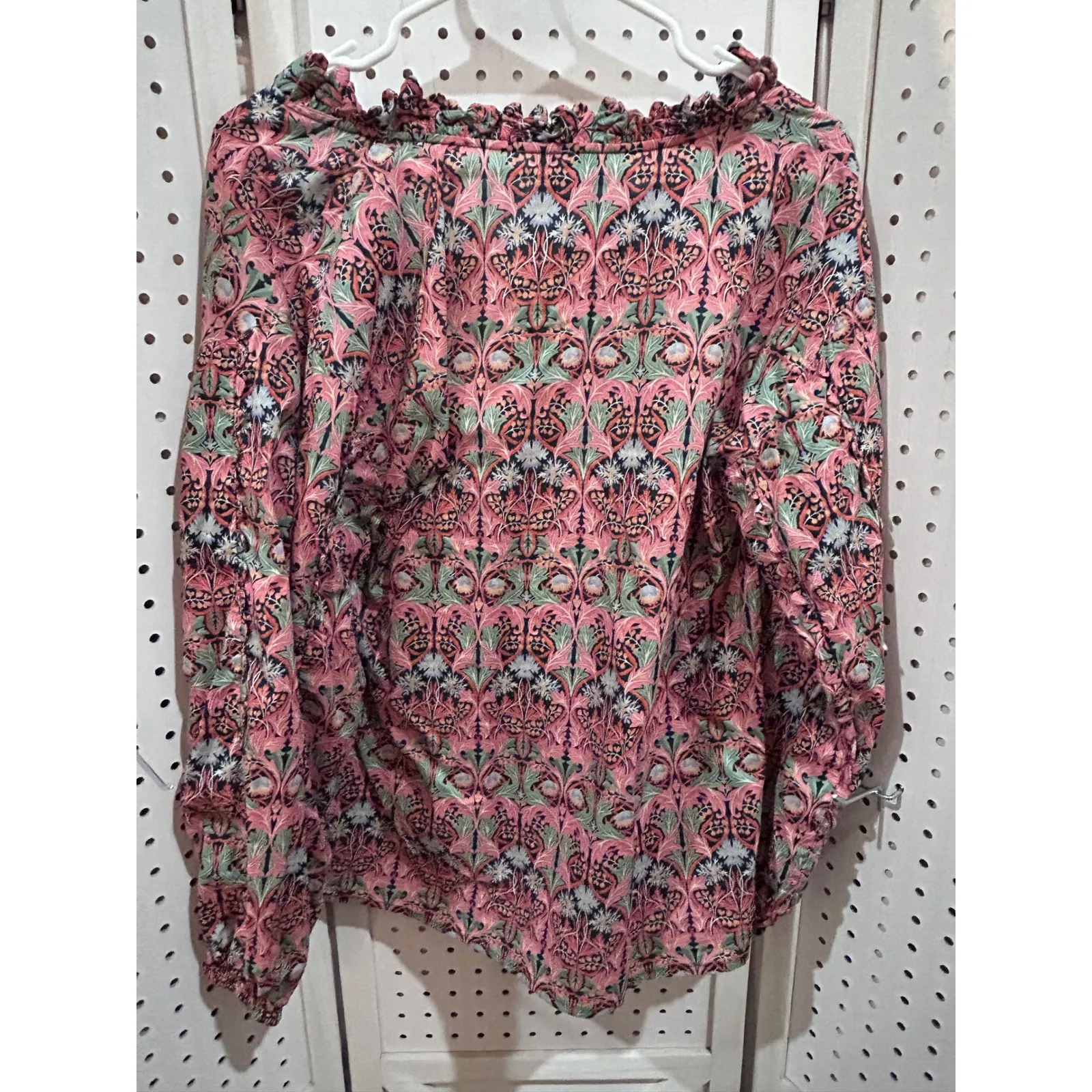 J. Crew Liberty Fabric Floral Print Blouse Long Sleeve Ruffle V Neck Pink Green - Image 6