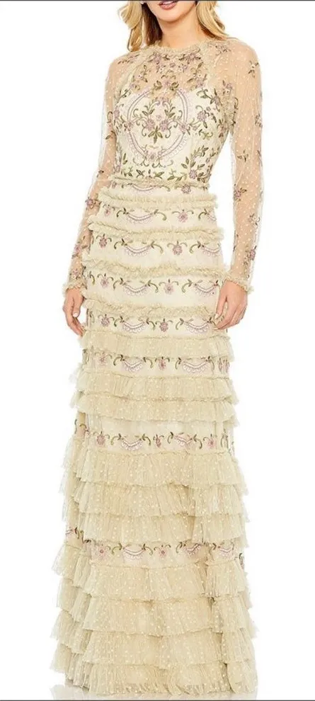 MAC DUGGAL 8030  Mesh Polka Dot Long Sleeve Floral Ruffle Tired Gown Dress - Image 2