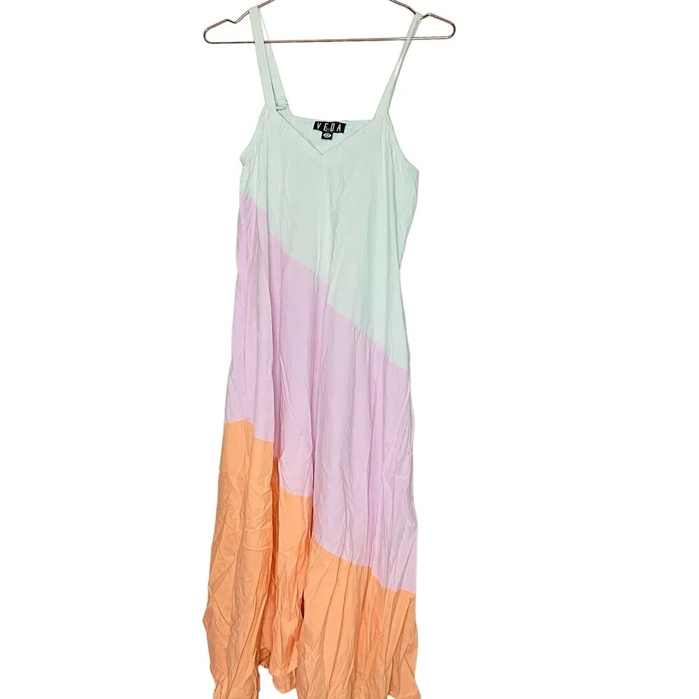 VEDA Summer Pastel Fiesta Orange Colorblock Sleeveless Shift Dress Size Small - Image 3