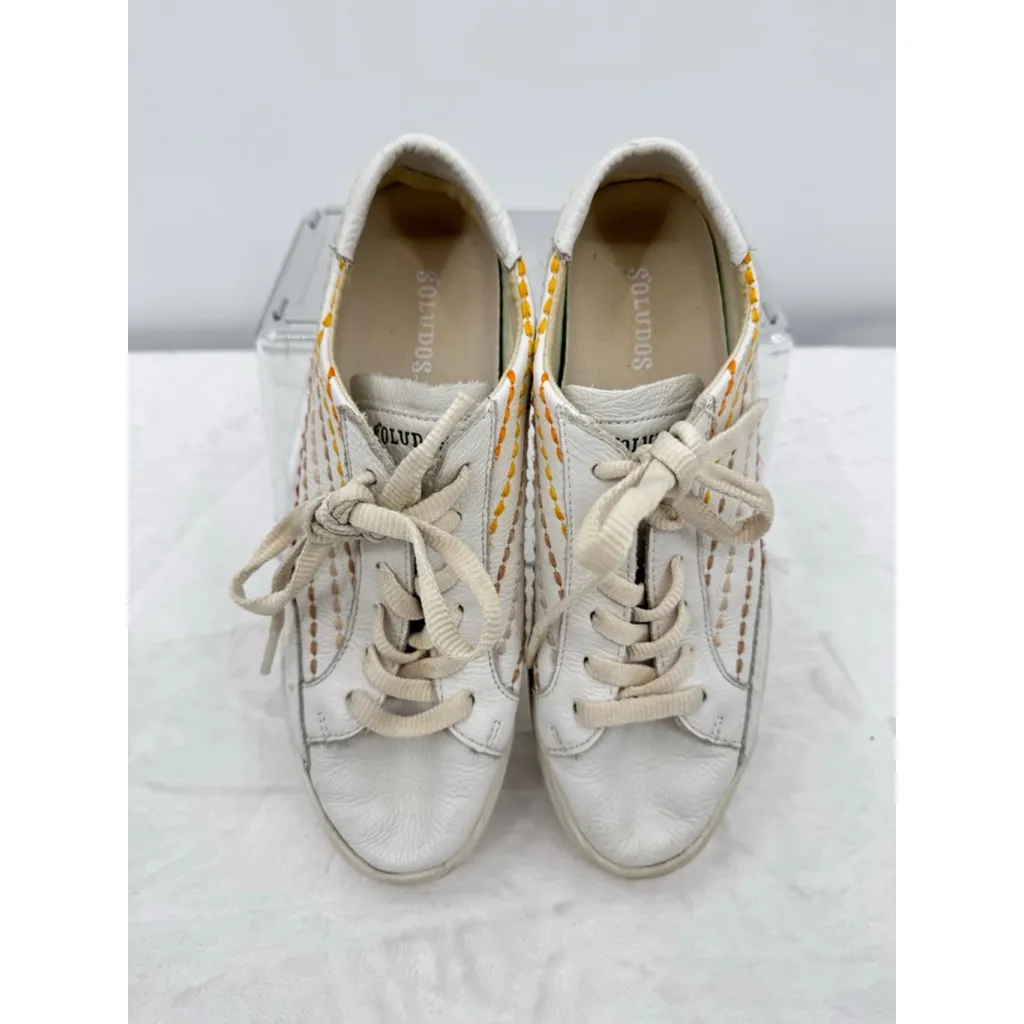 Soludos Ibiza Platform Sneakers Retro Rainbow Weave Ivory Leather Comfort Shoes - Image 4