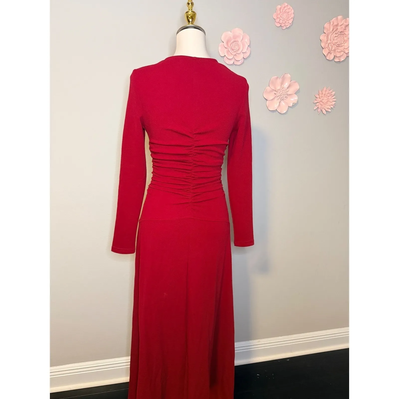 Women's Red Long Sleeve Ruched Bodycon Midi Dress Elegant Evening Party Size M - Image 4