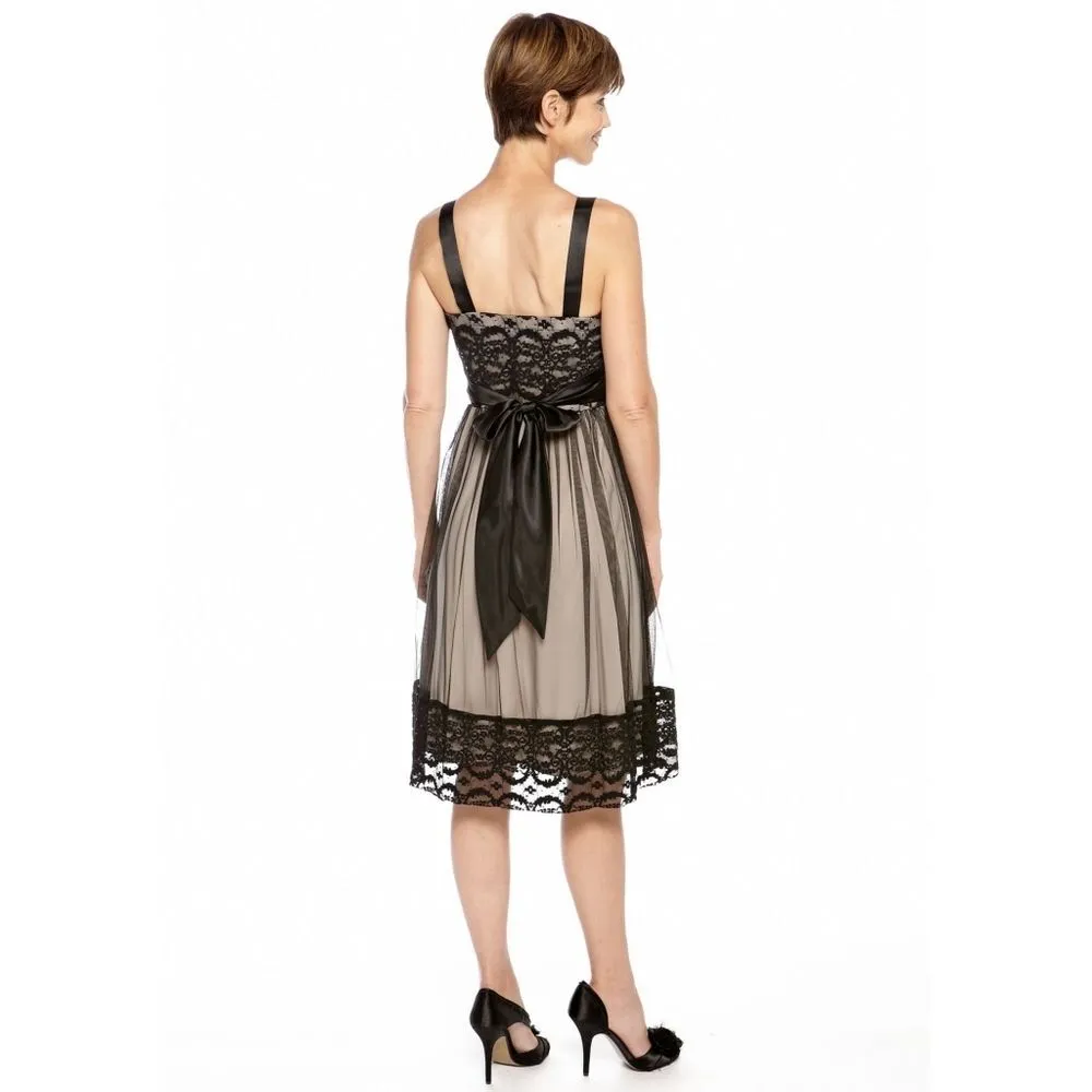 New! R&M RICHARDS Sequin Lace Bodice Tie-Waist Mesh Overlay Dress Black/Taupe 8 - Image 3