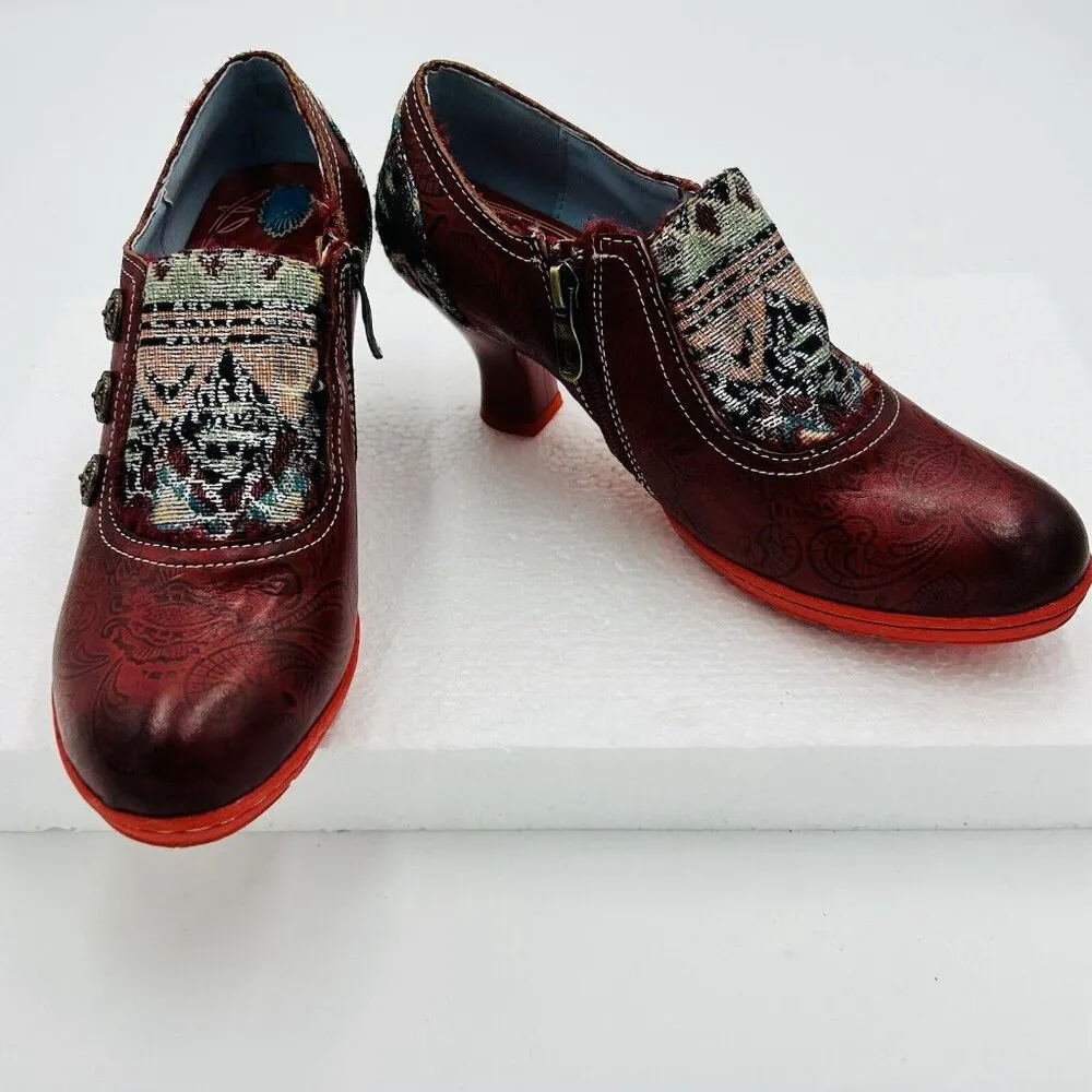 Socofy Size EU 38 US 7 Retro Classic Leather Tapestry Pump 2.5" Heels Shoes - Image 3