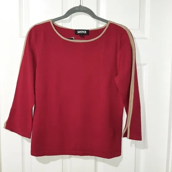 Kasper Stretchy Crop Sweater Knitted Top Red with Tan Accent 3/4 Sleeve Size M - Image 3