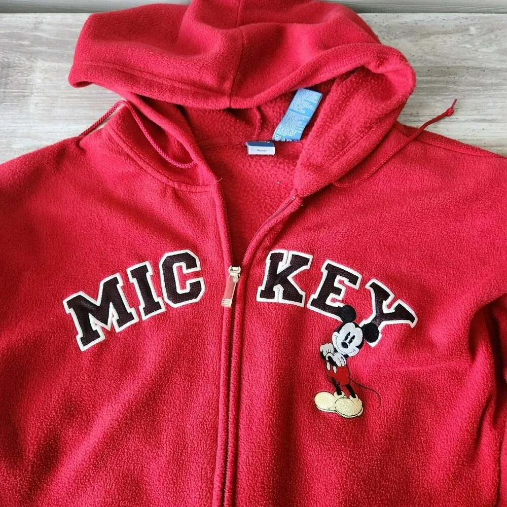 Disney Vtg 90s Red Long Sleeve Mickey Full Zip Fleece Drawstring Hoodie Size 3X - Image 3