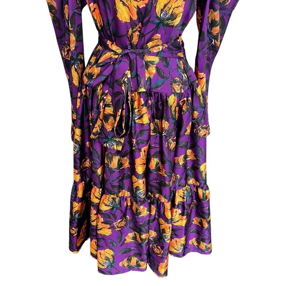 Delfi Taylor Floral Puff Sleeve Long Sleeve Waist Tie Midi Dress Purple Orange M Size M - Image 4