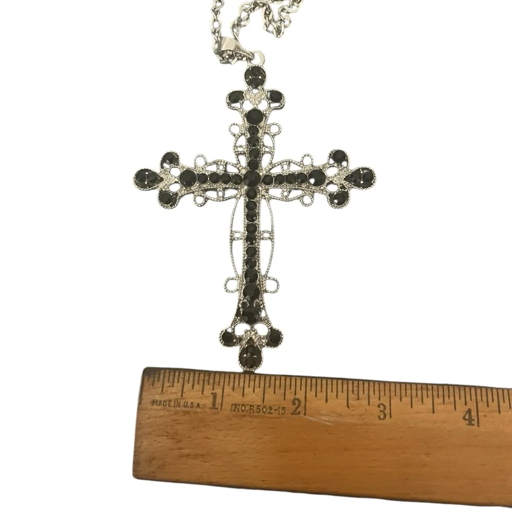 Silver Tone Metal Filigree Black Rhinestones Cross Pendant & Chain Necklace - Image 9