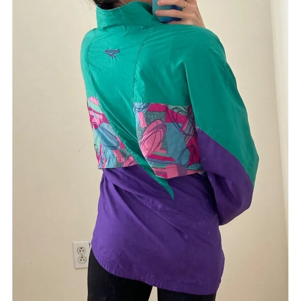 Vinatge 90s Reebok Windbreaker Cinch Waist Full Zip Green/Purple Abstract Design - Image 10