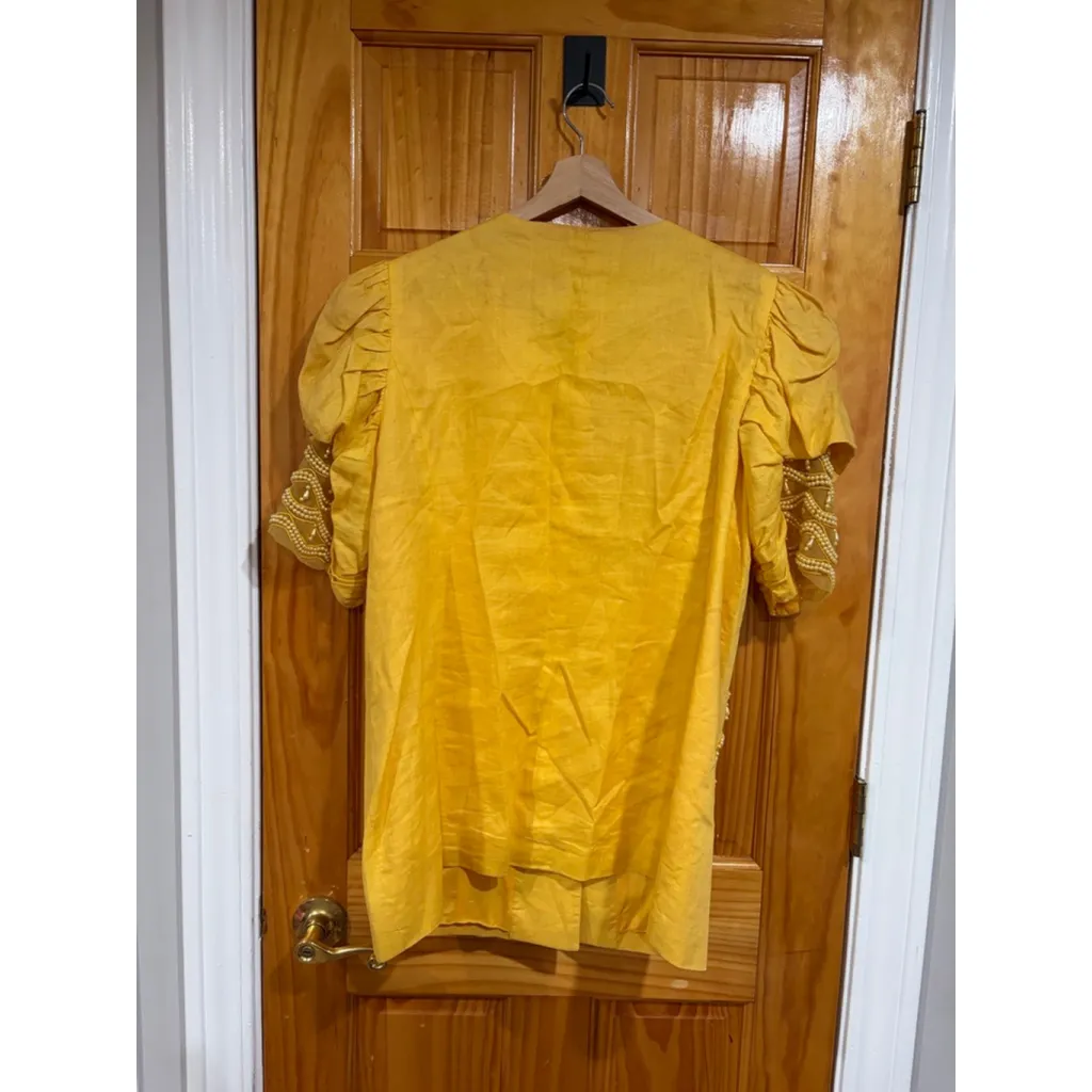 Vango Yellow Linen Beaded Puff Sleeve Blouse 16X Boho Top Read Size 16 - Image 7
