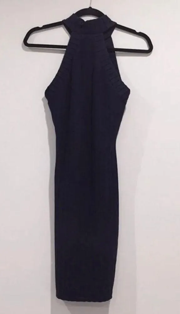 dark blue ribbed high neck bodycon cocktail dress - Image 5