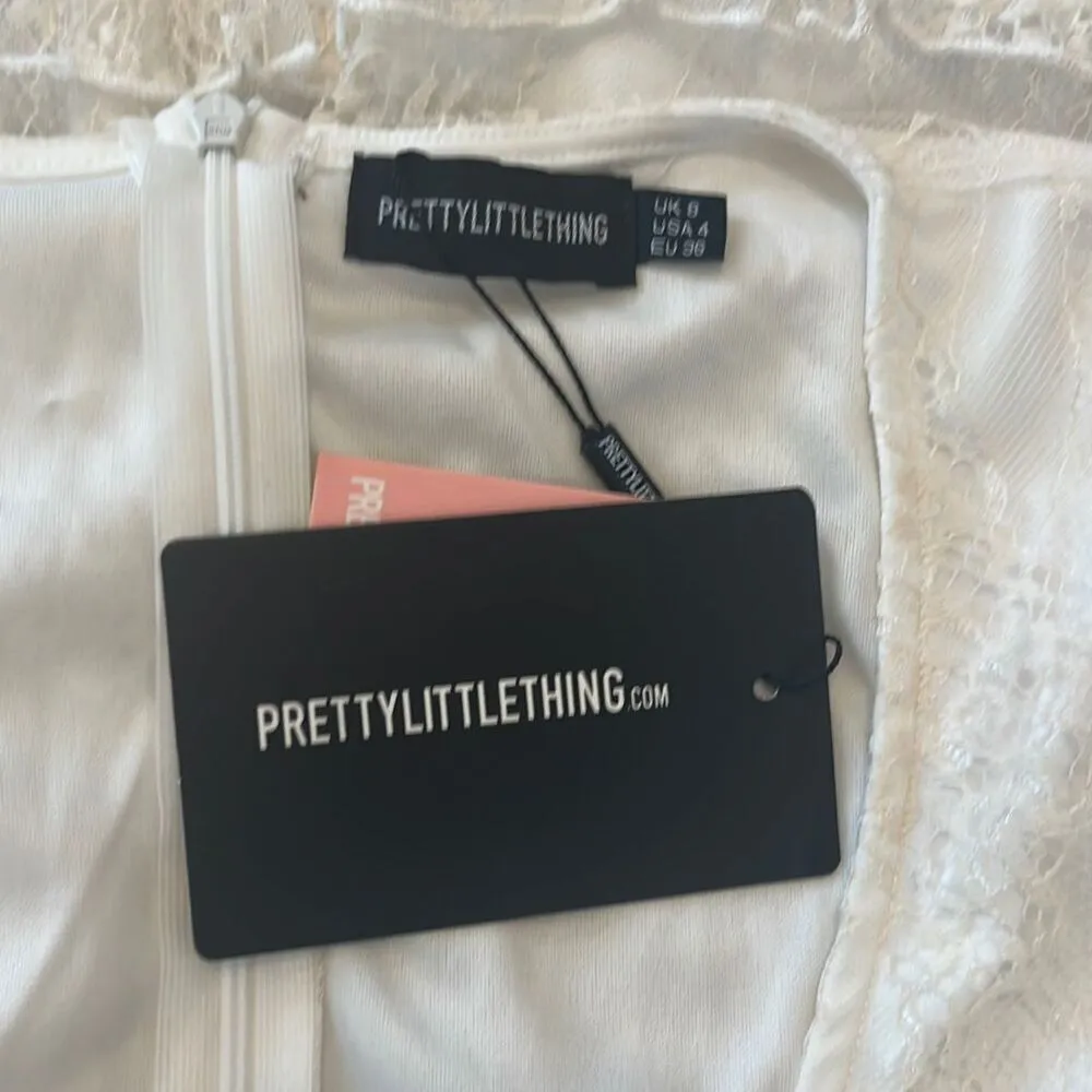 PrettyLittleThing White Lace Deep Plunge Long Sleeve Fit Flare Ruffle Dress Sz 4 - Image 4