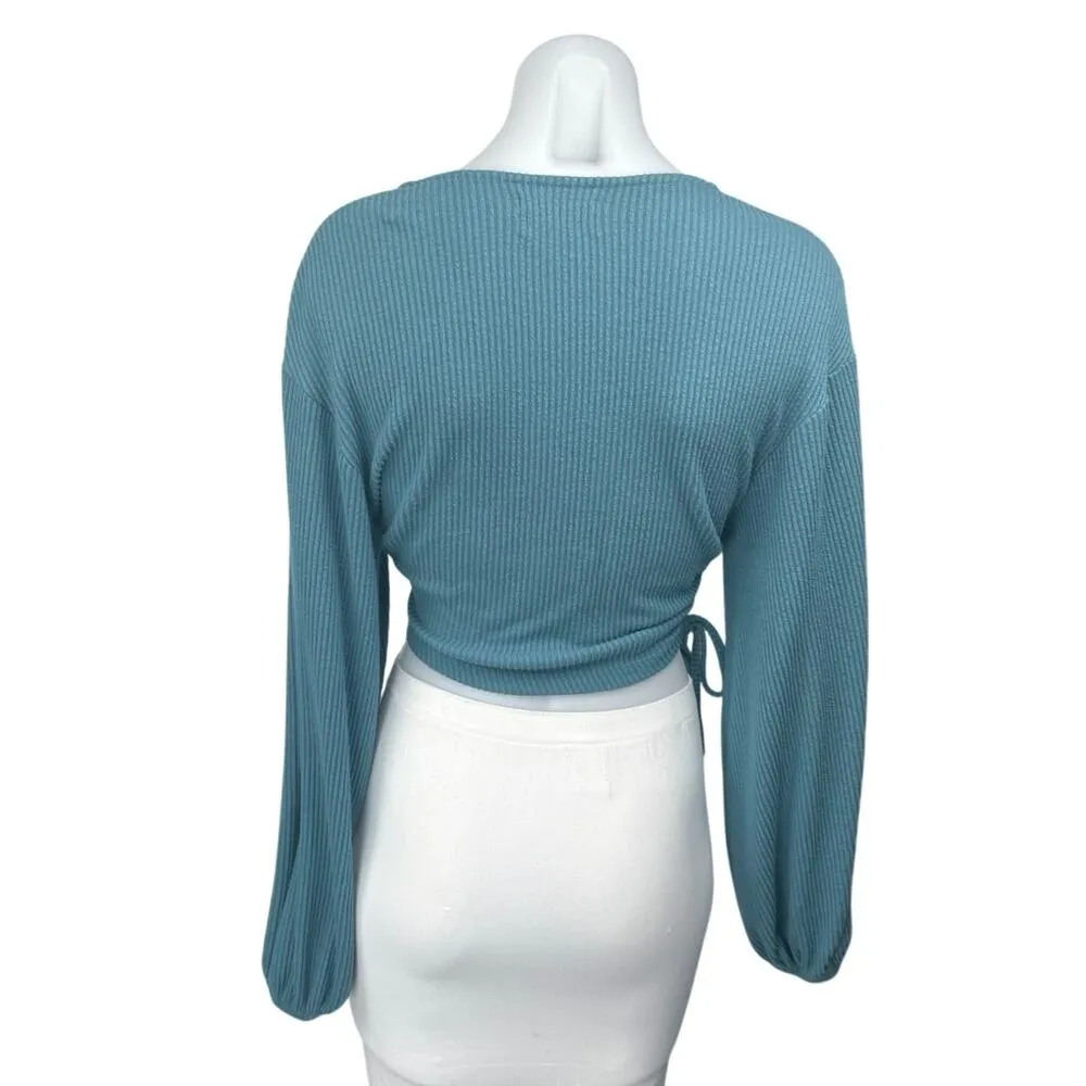 Urban Outfitters Blue Long Sleeve Ribbed Knit Wrap Cropped Sweater Top Size M - Image 2