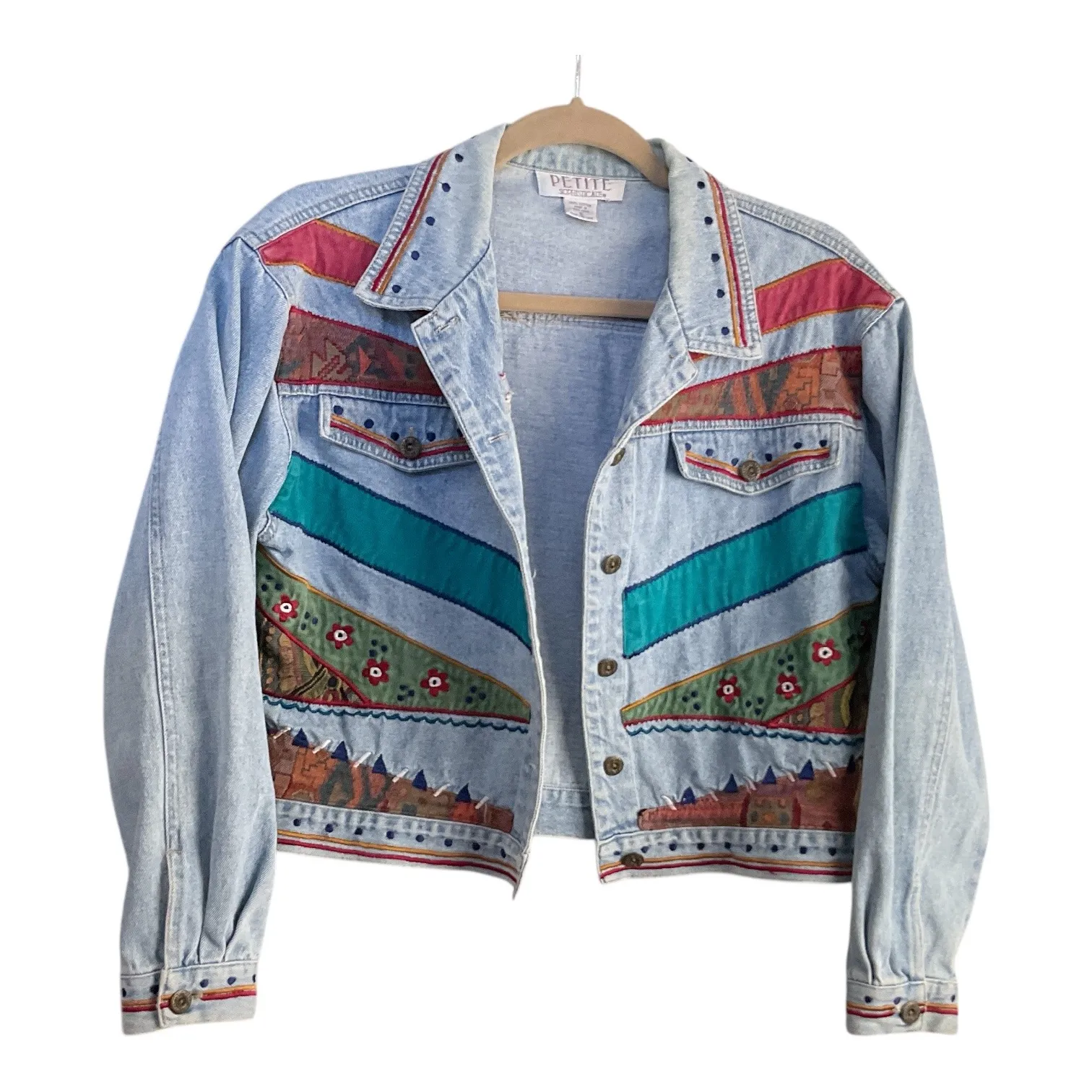 Petite Sophisticate Denim Jacket Southwestern Patchwork Embellished Size S - Image 4