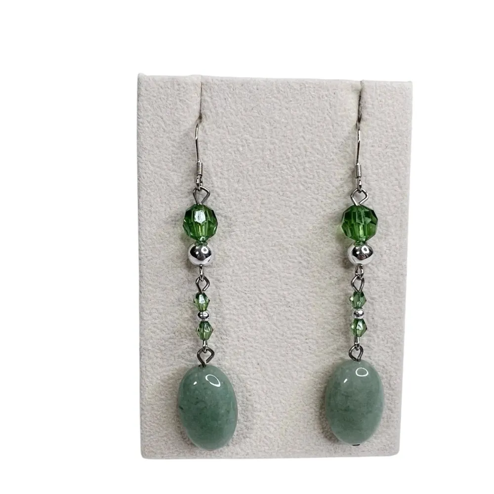Aventurine Polished Stone Beaded Necklace & Pierced Earrings Set Green - Image 2