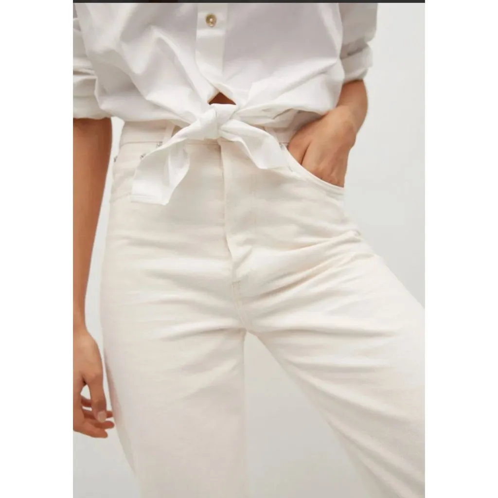 Mango Gabriela High Waist Distressed Knee Wide Leg Button Fly Jeans Ecru Sz 2 - Image 13