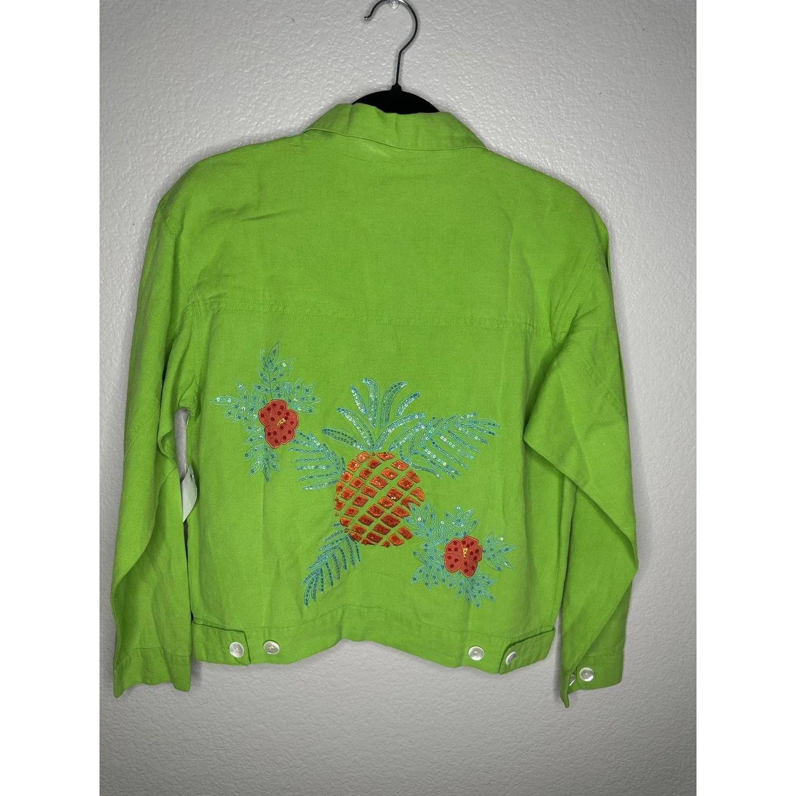 NEW Casey Coleman Jacket Womens Medium Green Linen Embroidered Pineapple Sequin - Image 8