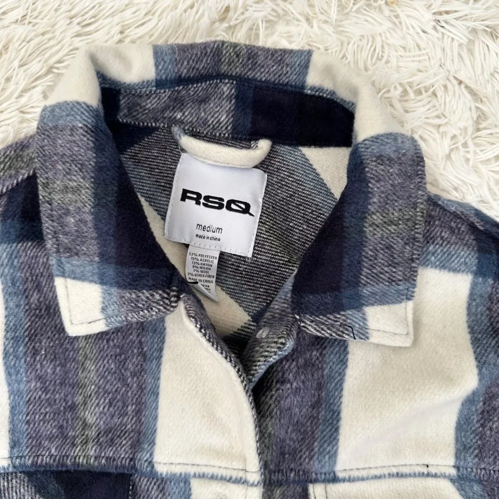 RSQ Tilly's Cropped Large Print Plaid Button Front Jacket Shacket Blue Combo S - Image 9