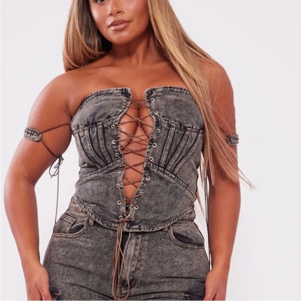 PrettyLittleThing Shape Brown Lace Up Denim Corset Top Structured Bustier US 14 - Image 5