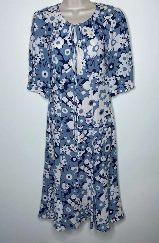 MICHAEL KORS COLLECTION Blue White Midi Floral Silk Georgette Dress sz 2 - Image 10