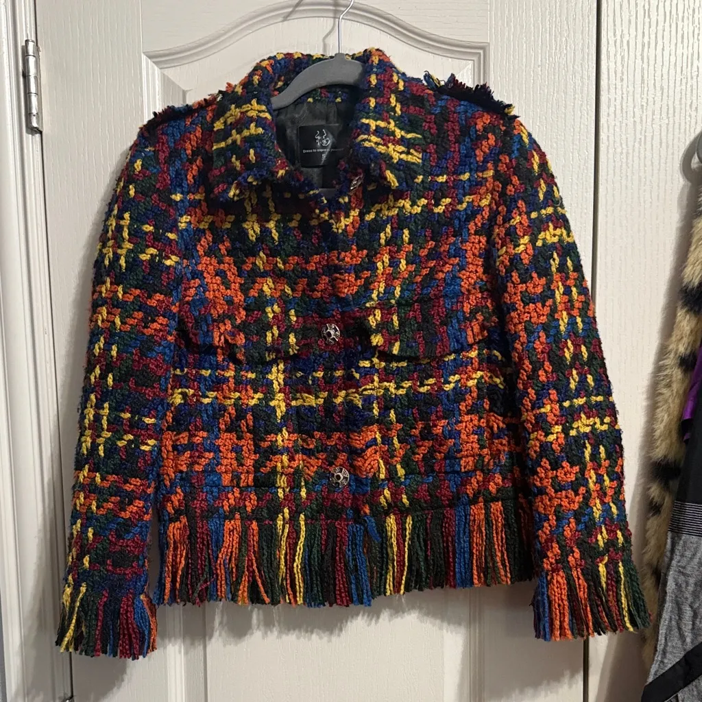 💖Colorful Plaid Woven Yarn Fringe Heavyweight Jacket Dopamine Artsy Maximalist - Image 3