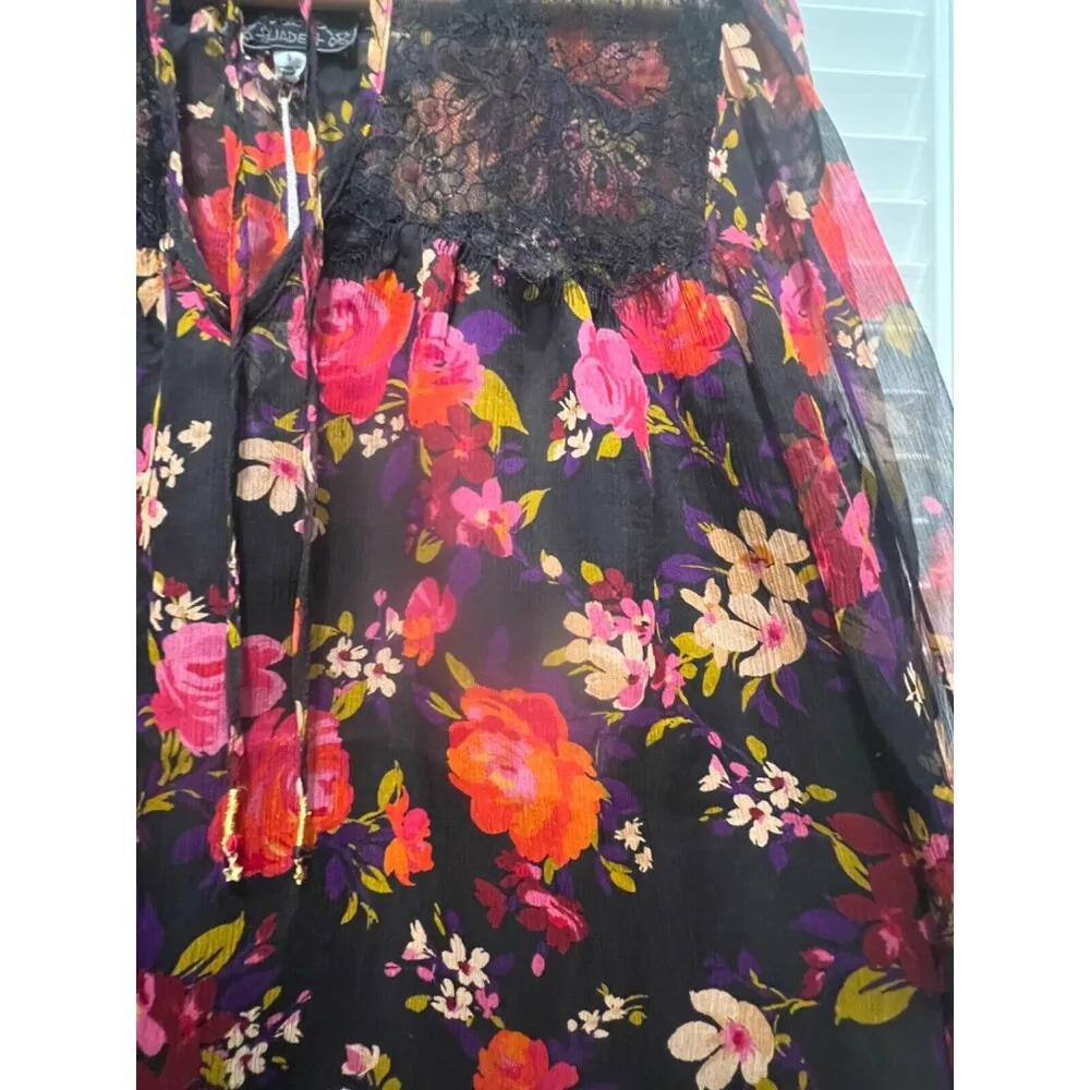 Johnny Was Black Floral Lace Blouse Sheer Long Sleeve Bohemian Peasant Top Small - Image 10