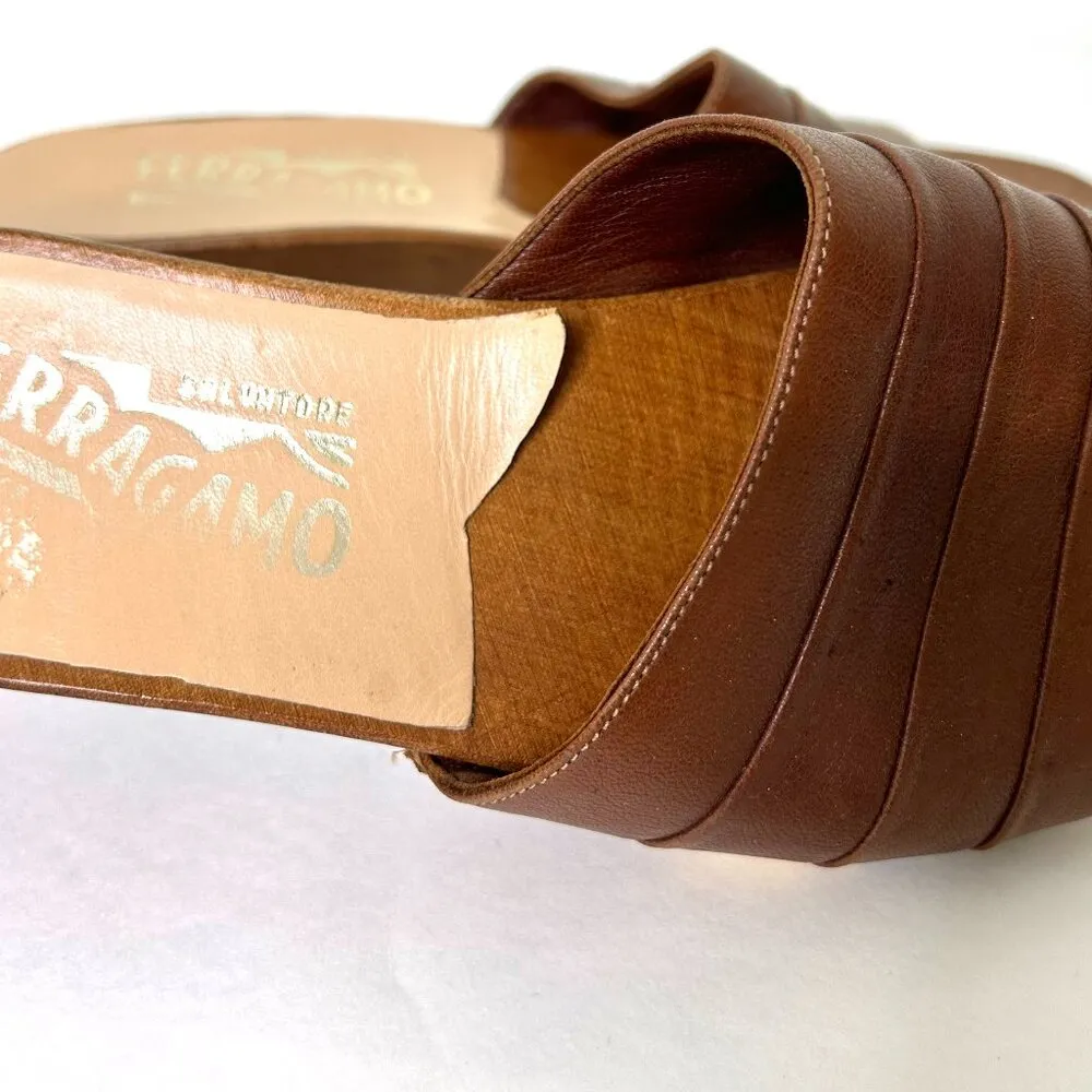 Salvatore Ferragamo Vintage Leather Wedge Slide Sandals in Tan Size 6.5 / 7 N - Image 9