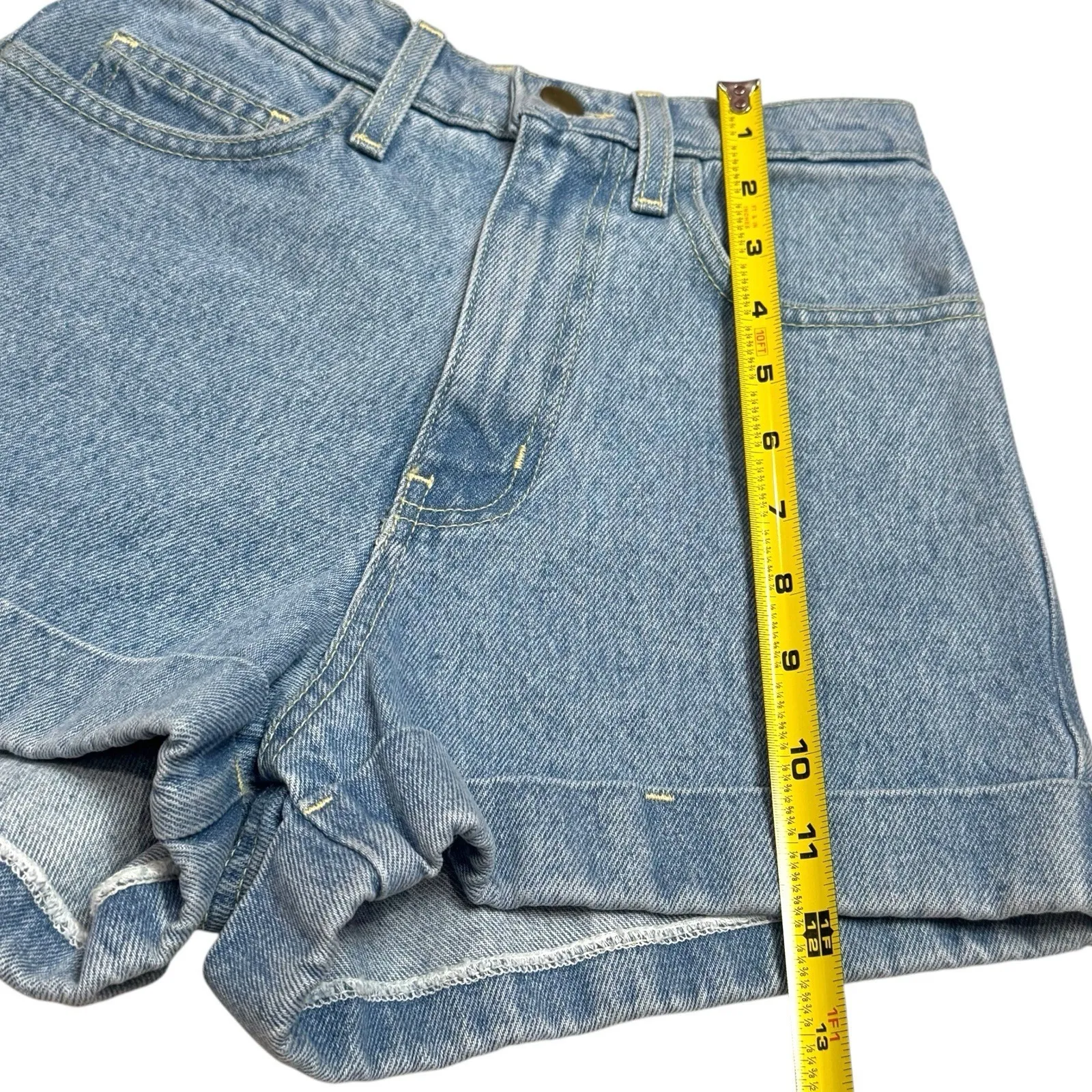 NEW American Apparel High Waist Cuffed Denim Shorts Blue Stone Wash USA 24 - Image 11
