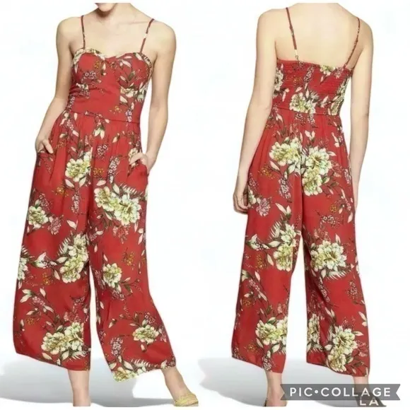 Xhilaration Jumpsuit Floral Wide Leg Corset Bodice Brick Red M Party Date - Image 2