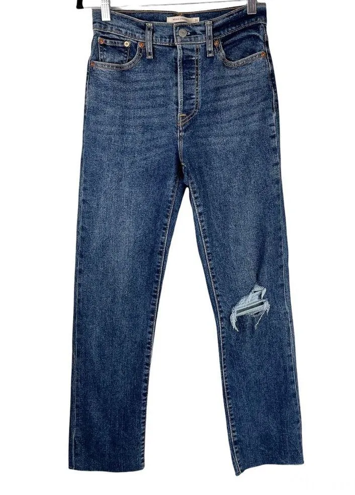 Levi’s Wedgie Straight Button Fly Distressed Jean Raw Hem Dark Wash Sz 26 - Image 3