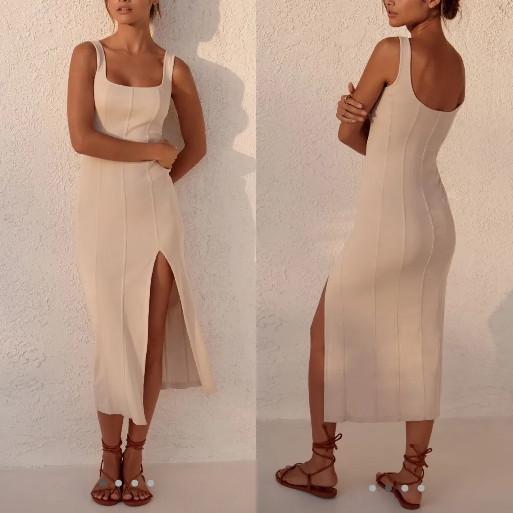 L*Space Vivienne Ribbed Midi Tank Dress Slit Fitted Bodycon Beige Tan Size M - Image 2